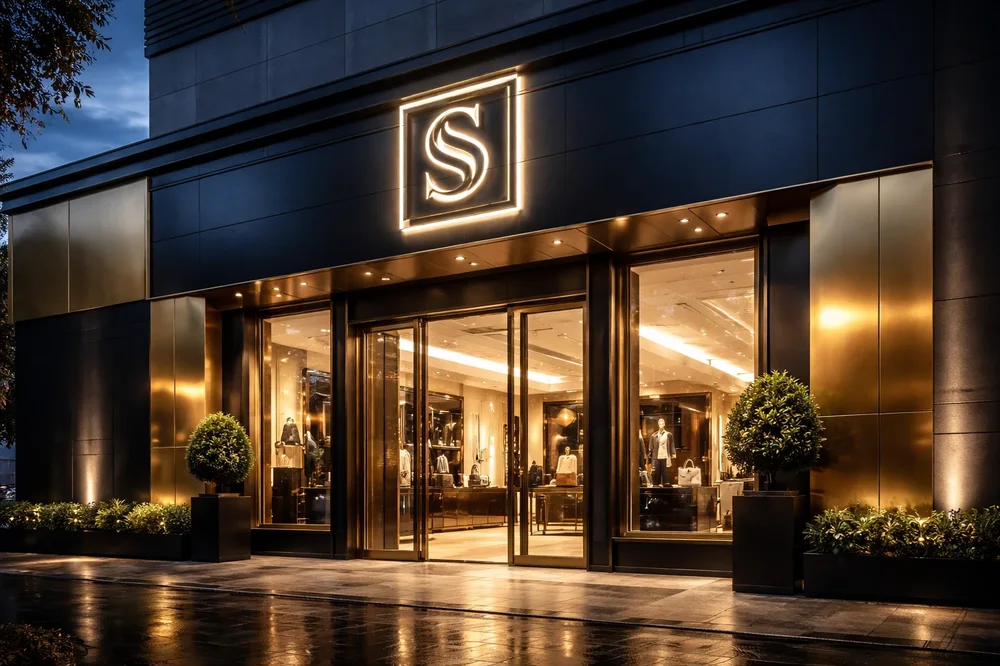 نمای سردر مدرن فروشگاه با اجرای تابلو کامپوزیت مشکی مات و طلایی به همراه نورپردازی سه بعدی