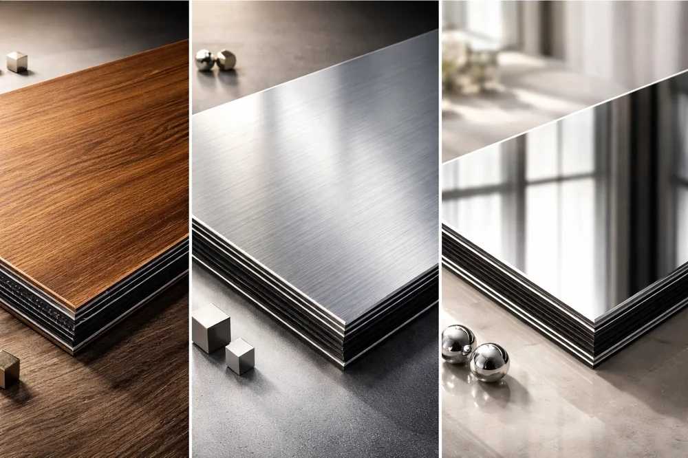 انواع طرح و بافت ورق کامپوزیت شامل طرح چوب، نقره‌ای خش‌دار و کامپوزیت آینه‌ای براق برای دکوراسیون