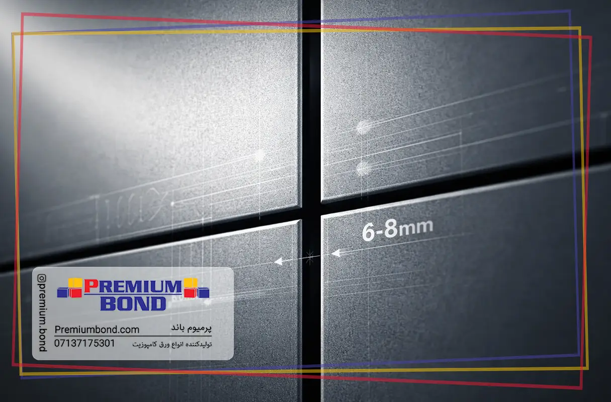 نمای نزدیک و فنی از درز انبساط بین پنل‌های کامپوزیت آلومینیومی خاکستری، همراه با دیاگرام‌های مهندسی برای نمایش فاصله استاندارد.