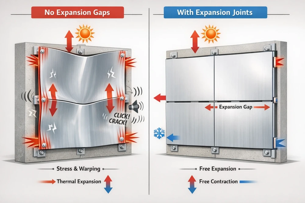 تأثیر درز انبساط بر ورق کامپوزیت؛ پنل بدون درز دچار تنش و تغییر فرم شده و پنل با درز انبساط صاف باقی می‌ماند.
