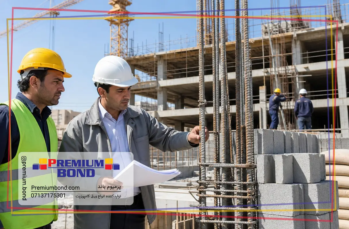 مهندس ناظر و پیمانکار ساختمانی در حال بررسی نقشه و میلگردهای یک پروژه عمرانی در مرحله اسکلت‌سازی با مصالح ساختمانی در پس‌زمینه.