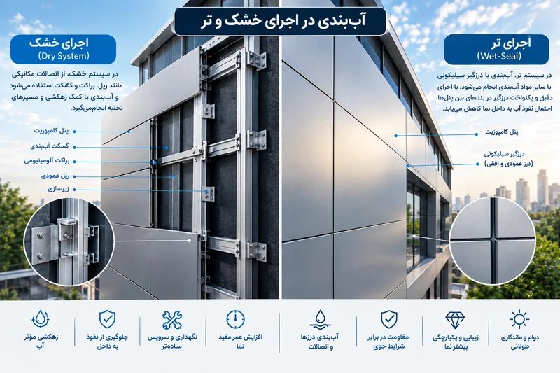 مقایسه آب‌بندی در اجرای خشک و تر نمای کامپوزیت